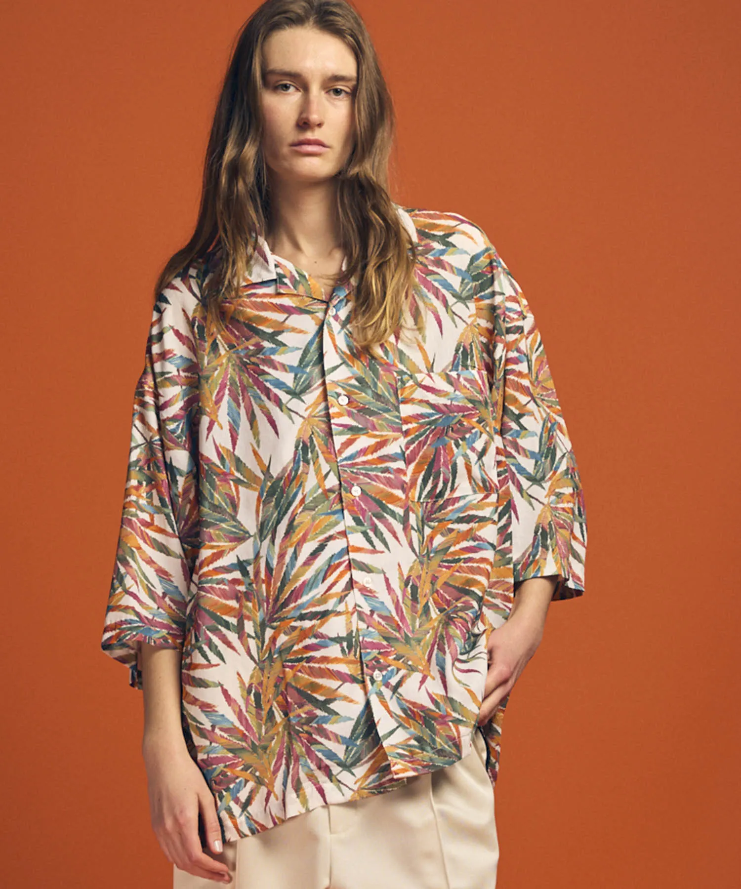 Sheer Print Prime-Over Short Sleeve Open Collar Shirt