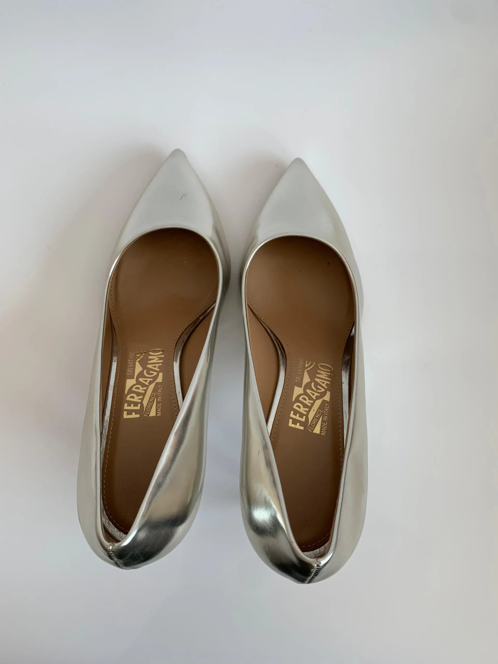 Silver Metallic Pointed Toe Pumps in Size 9D