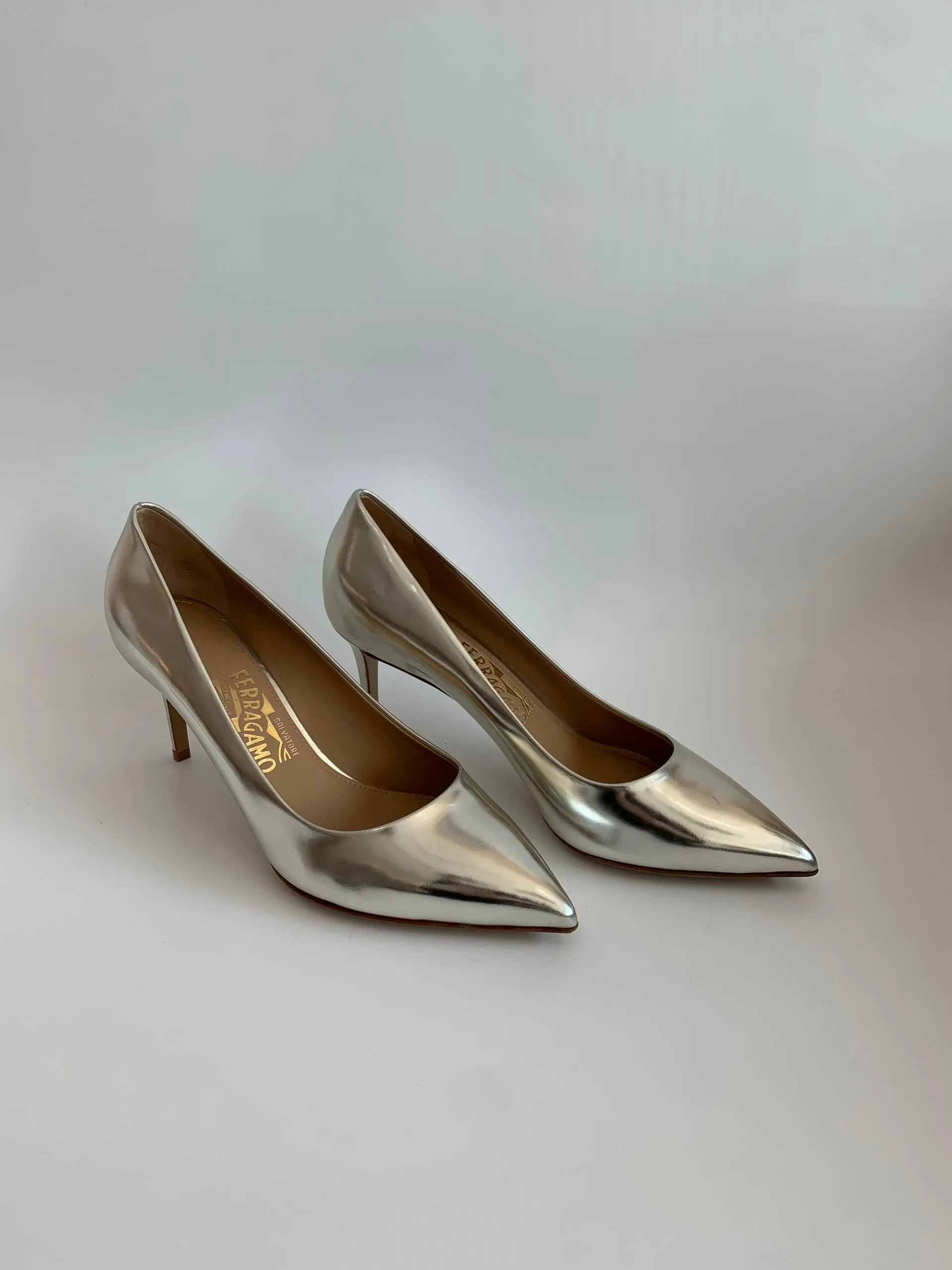 Silver Metallic Pointed Toe Pumps in Size 9D