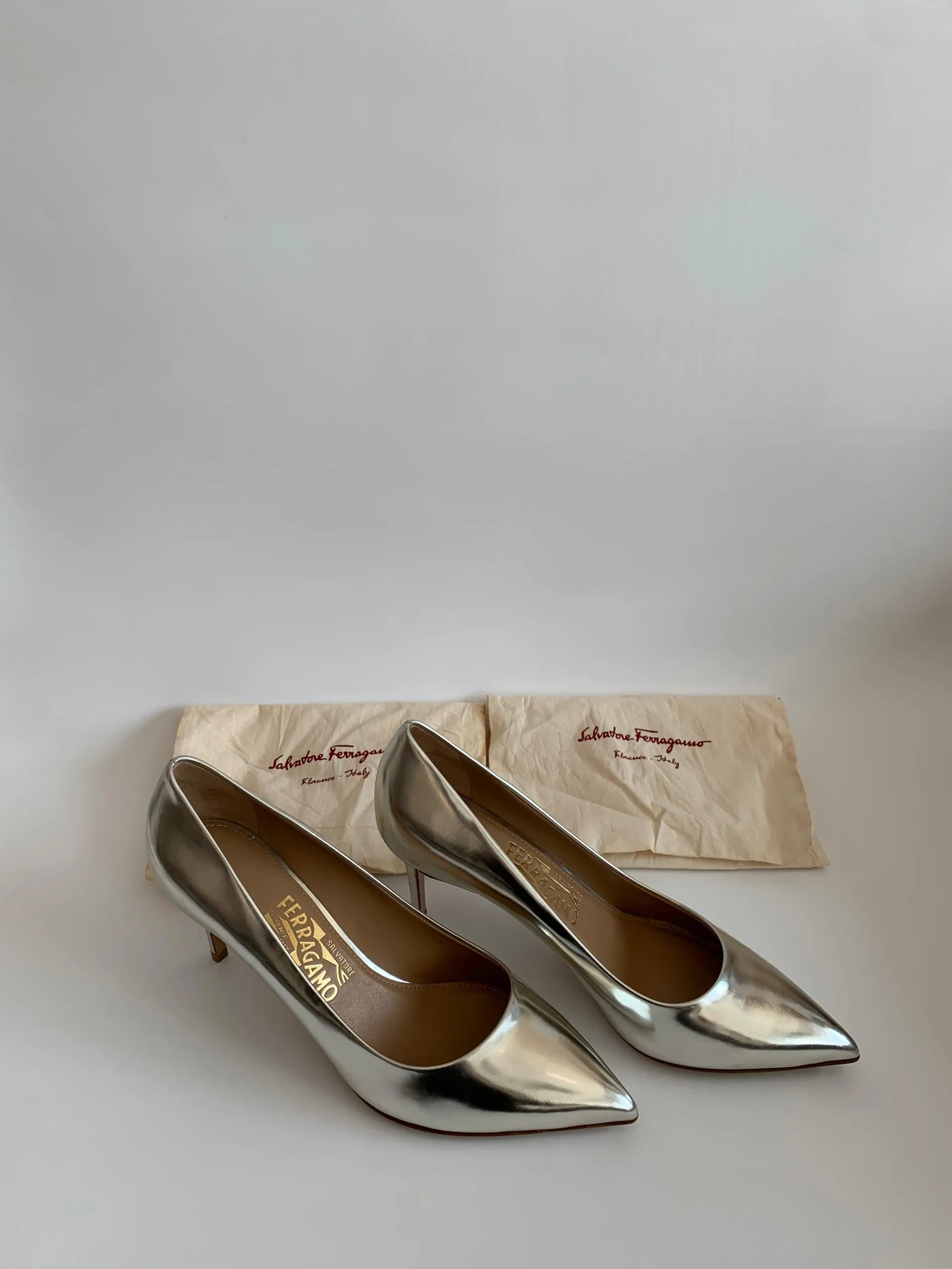 Silver Metallic Pointed Toe Pumps in Size 9D