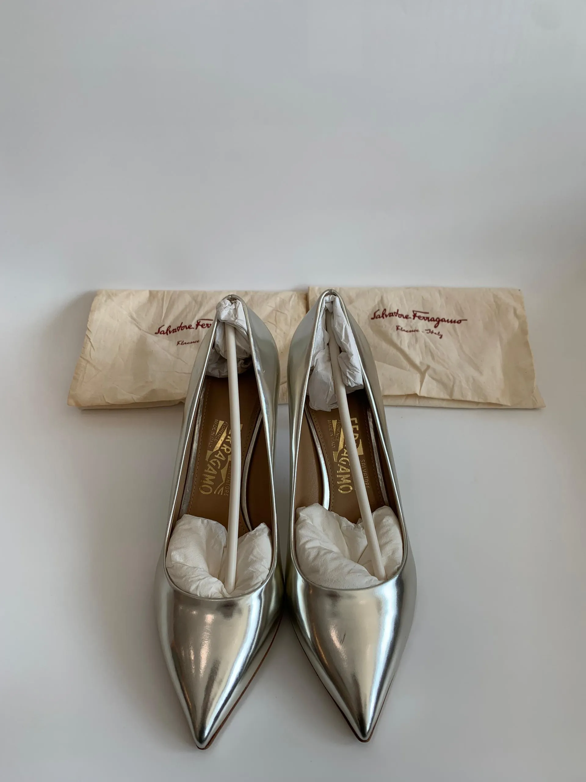 Silver Metallic Pointed Toe Pumps in Size 9D