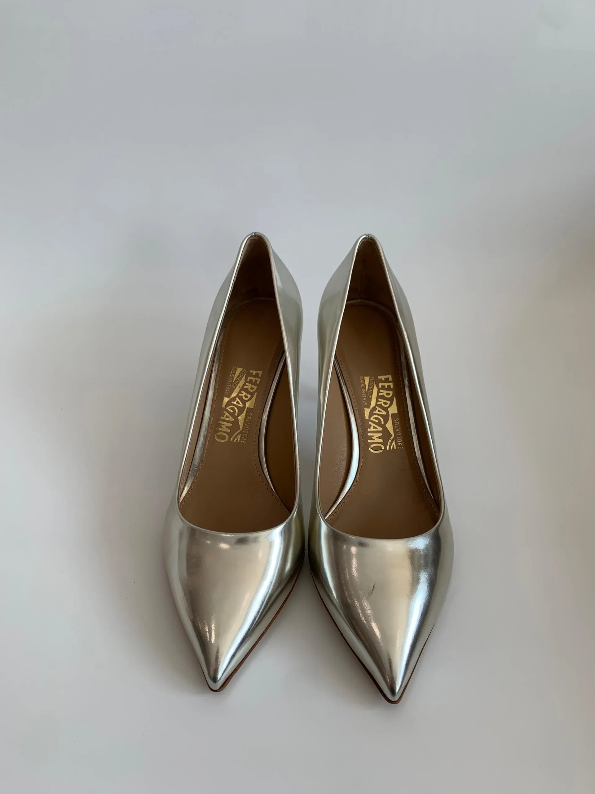 Silver Metallic Pointed Toe Pumps in Size 9D