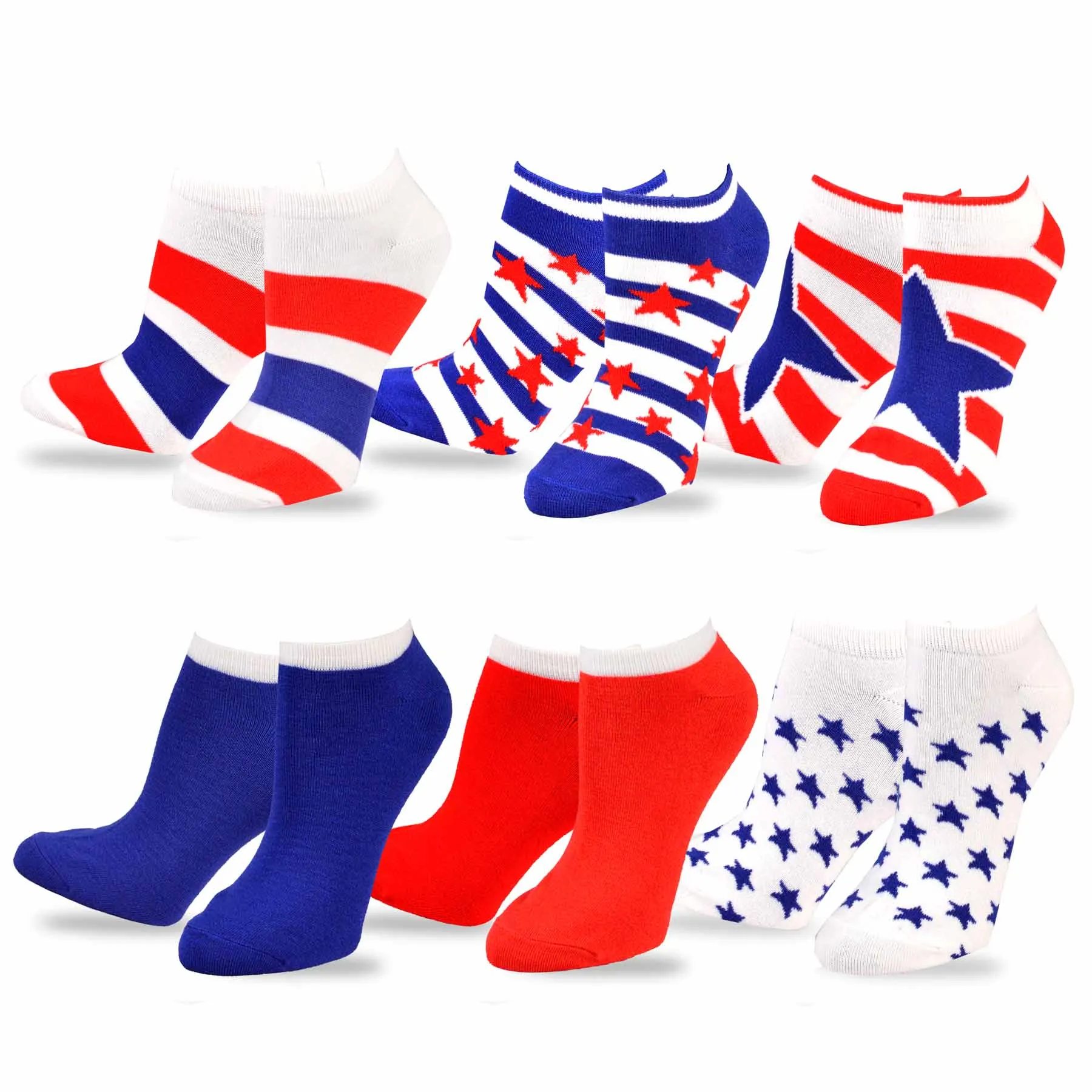 TeeHee Socks Women's 4th of July Cotton No Show Stars and Stripes 6-Pack (11155)