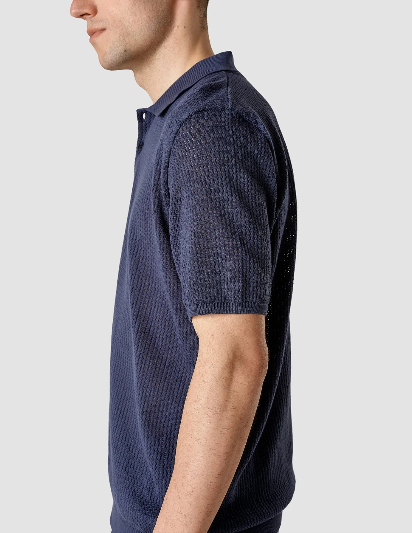 Textured Knitted Short Sleeve Polo Shirt Navy