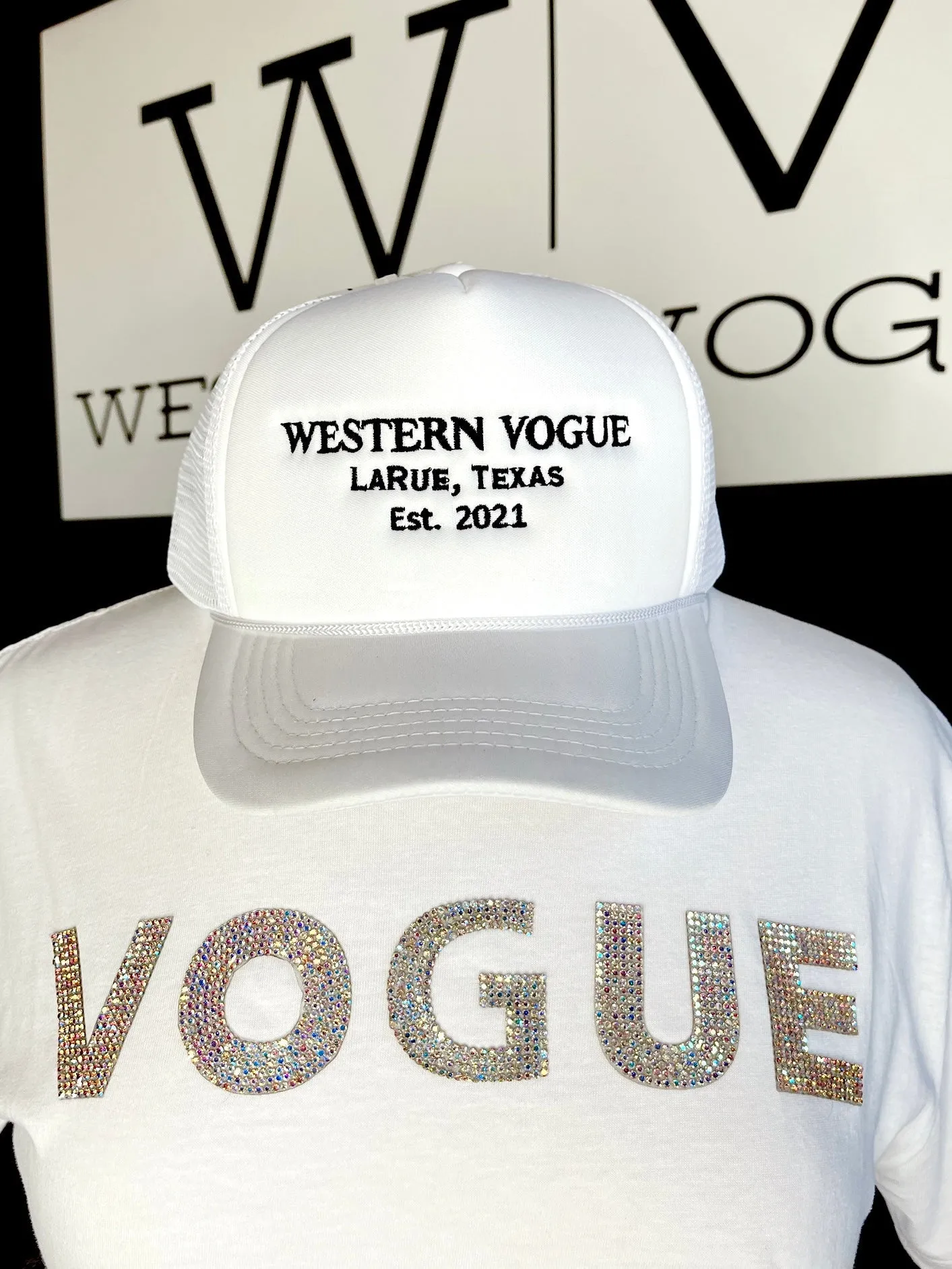 The EST. 2021 Western Vogue Trucker Hat in White