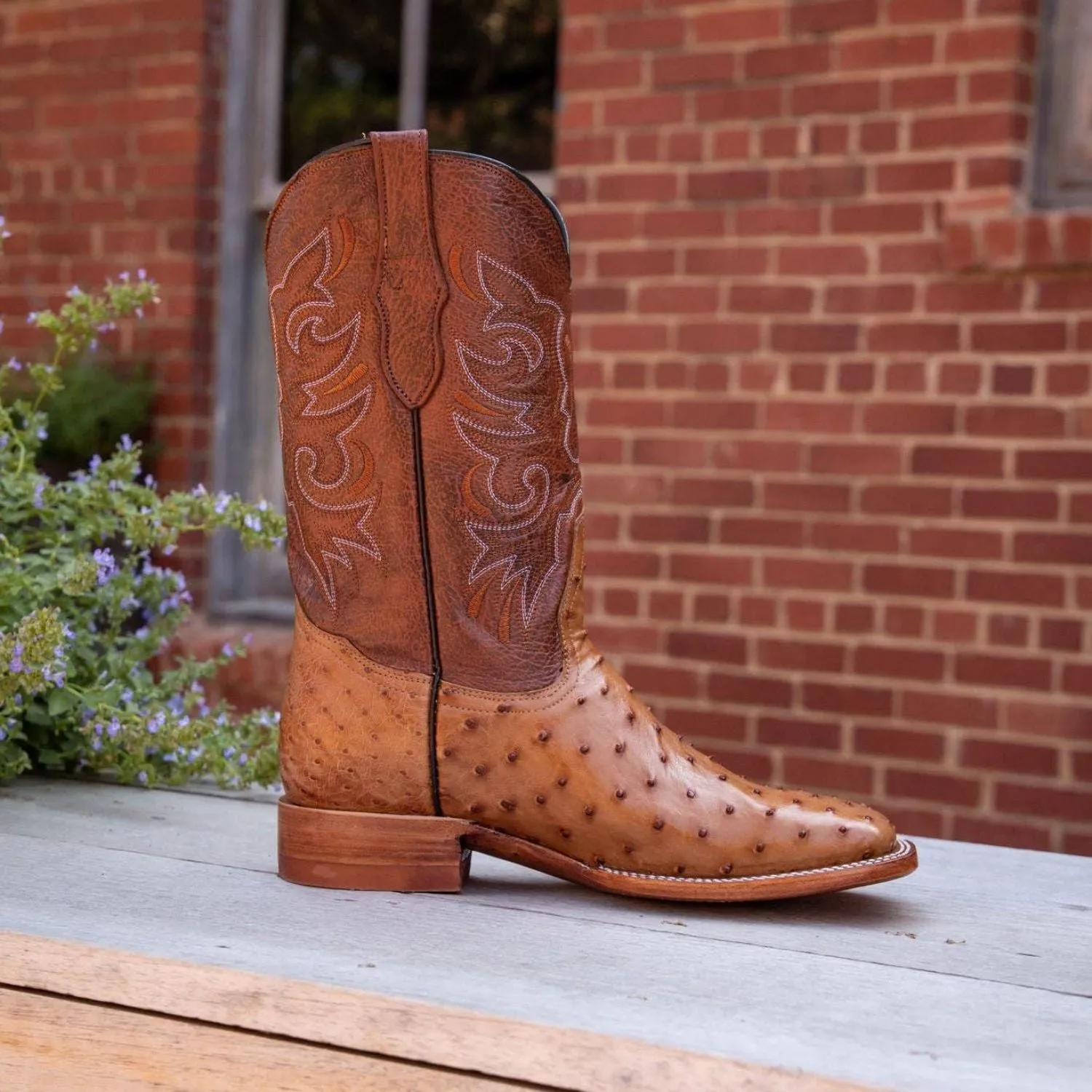 Mens Rustler Full Quill Ostrich Leather Brandy Western Boots