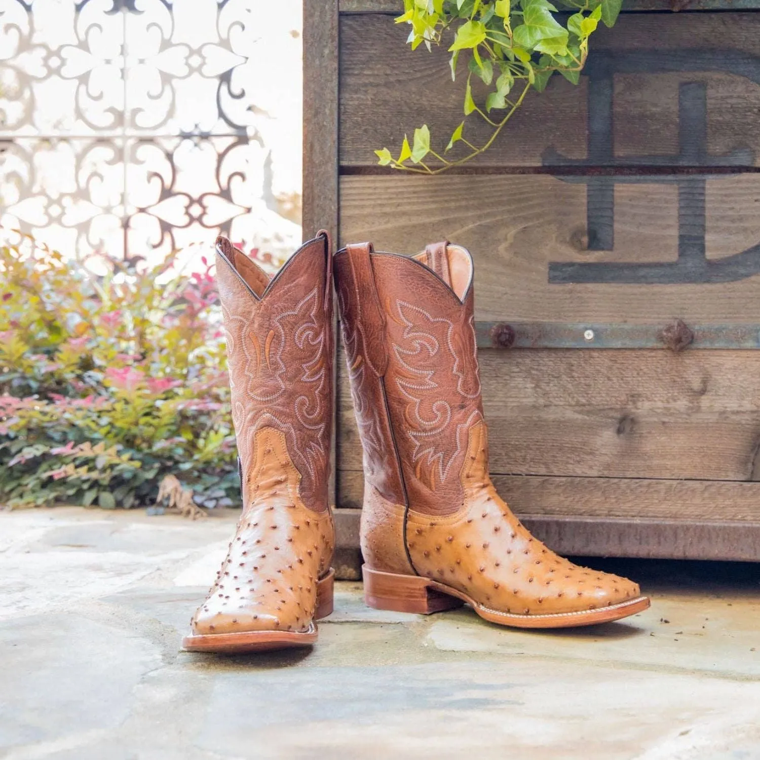 Mens Rustler Full Quill Ostrich Leather Brandy Western Boots