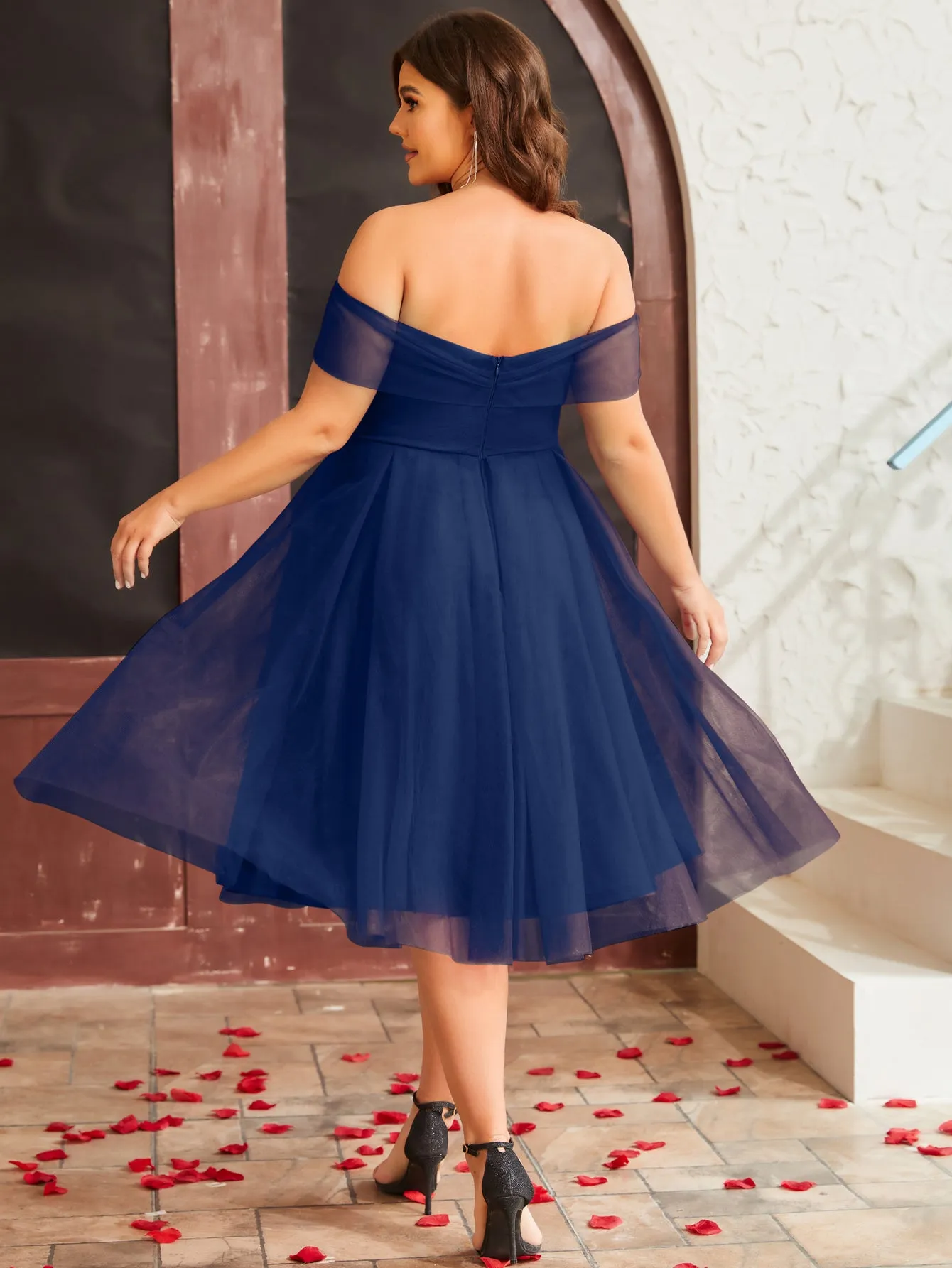 Women Plus Size Off the Shoulder A-line Mesh Cocktail Dresses